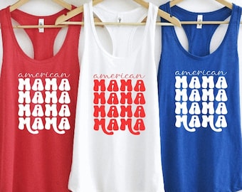 American Mama Racerback Tank Top | Groovy Retro Ladies Tank | Summer Holiday Memorial Day Fourth of July Labor Trendy America Patriotic Gift
