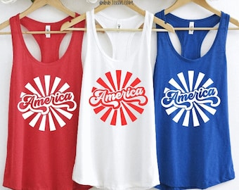 America Retro Style Racerback Tank Top | Groovy USA Ladies Tank | Summer Vacation Holiday Fourth of July Labor Trendy America Patriotic Gift