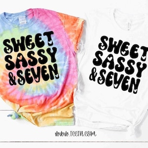 Sweet Sassy and Seven with Hearts Shirt | Groovy Retro Girl's Birthday Tie Dye Tops | 7th Bday 7 years old Outfit | Trendy Photo Prop Gift