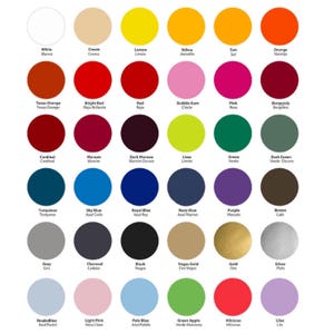 May include: A colour chart with 36 different colours, each with a name in both English and Spanish. The colours are arranged in a grid of six rows and six columns.