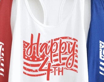 May include: White tank top with a red graphic of an American flag with the text "Happy 4th" on it.