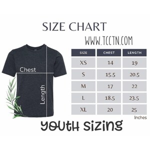 May include: A size chart for youth t-shirts with measurements for chest and length in inches. The chart shows sizes XS, S, M, L, and XL with corresponding measurements. The text 'WWW.TCCTN.COM' is displayed above the chart. The text 'YOUTH sizing' is displayed below the chart.