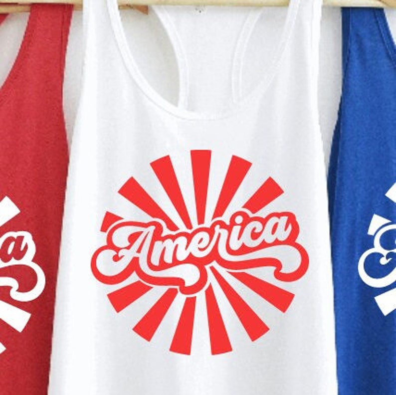 America Retro Style Racerback Tank Top Groovy USA Ladies Tank Summer Vacation Holiday Fourth of July Labor Trendy America Patriotic Gift White Tank