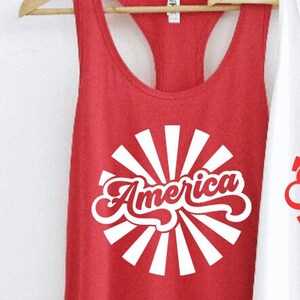 America Retro Style Racerback Tank Top Groovy USA Ladies Tank Summer Vacation Holiday Fourth of July Labor Trendy America Patriotic Gift Red Tank