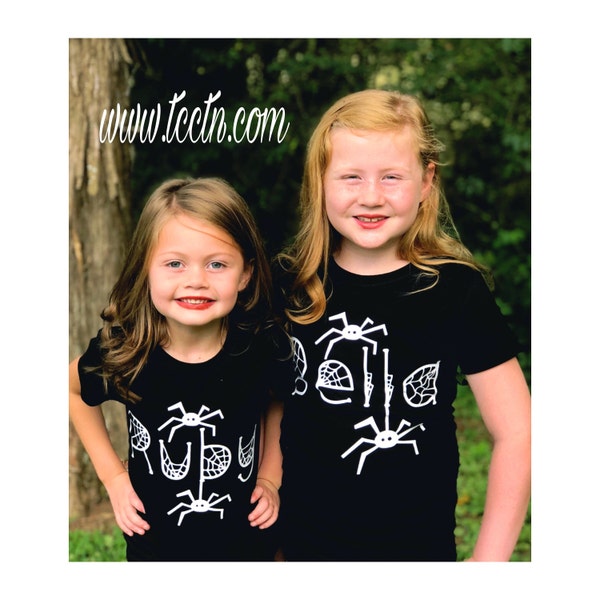 Personalized Name Spider Web Black Short Sleeve Shirt | Adult Ladies Youth Girls Boys Halloween Web Top Trendy October Gift Outfit Clothes