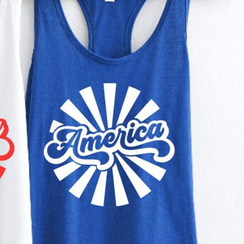 America Retro Style Racerback Tank Top Groovy USA Ladies Tank Summer Vacation Holiday Fourth of July Labor Trendy America Patriotic Gift Blue Tank