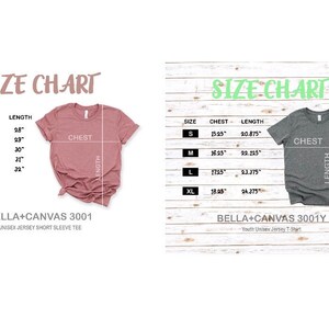 May include: Size chart for Bella + Canvas 3001 unisex jersey short sleeve tee and Bella + Canvas 3001Y youth unisex jersey t-shirt. The chart shows chest and length measurements in inches for sizes S, M, L, XL, and 2XL.