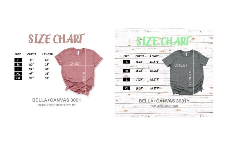 May include: Size chart for Bella + Canvas 3001 unisex jersey short sleeve tee and Bella + Canvas 3001Y youth unisex jersey t-shirt. The chart shows chest and length measurements in inches for sizes S, M, L, XL, and 2XL.