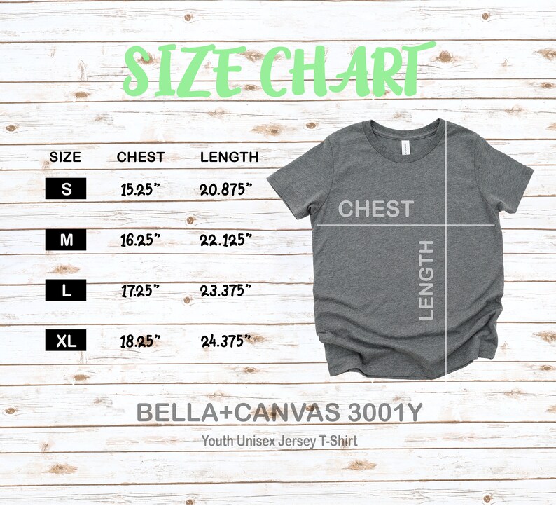 May include: Size chart for a youth unisex jersey t-shirt, showing chest and length measurements in inches for sizes S, M, L, and XL. The chart is on a woodgrain background with a gray t-shirt displayed next to it.