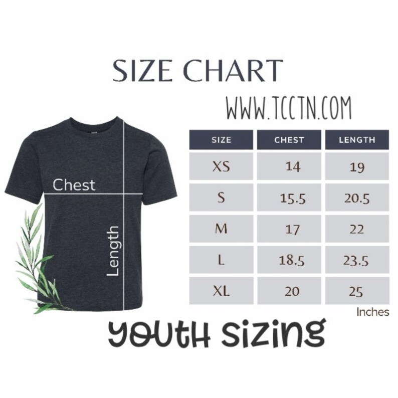 May include: A dark gray youth t-shirt with a size chart. The chart shows chest and length measurements in inches for sizes XS to XL. The text "SIZE CHART" and "YOUTH SIZING" are also visible.