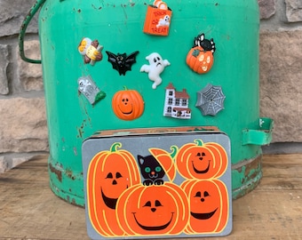 Vintage JSNY Halloween Tin With Halloween Magnets,