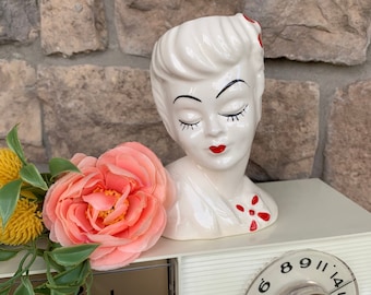 Vintage 1950's Glamour Pin-Up Lady Head Vase/Planter - Mid Century Ceramic - Red Flower Accent