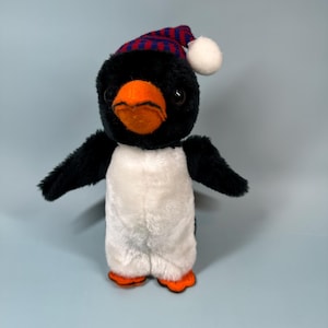 Vintage 1977 Penguin Plush by Dakin – Striped Winter Hat – Orange Beak & Feet – Made in Korea – Christmas Collectible