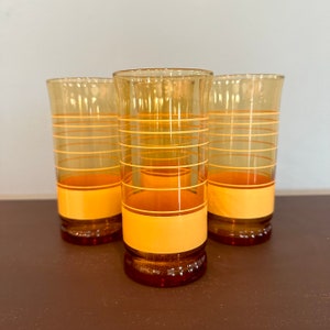 Set of 4 Vintage Libbey Amber Glassware with Yellow Stripes - 6&quot; Tumblers