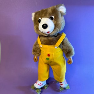 Vintage Sammy Skates Plush Bear - 1985 with Yellow Overalls and Roller Skates - Plays Music, Working Condition