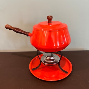 Fred Roberts Vintage Fondue Pot | Orange Enamel with Wooden Handle