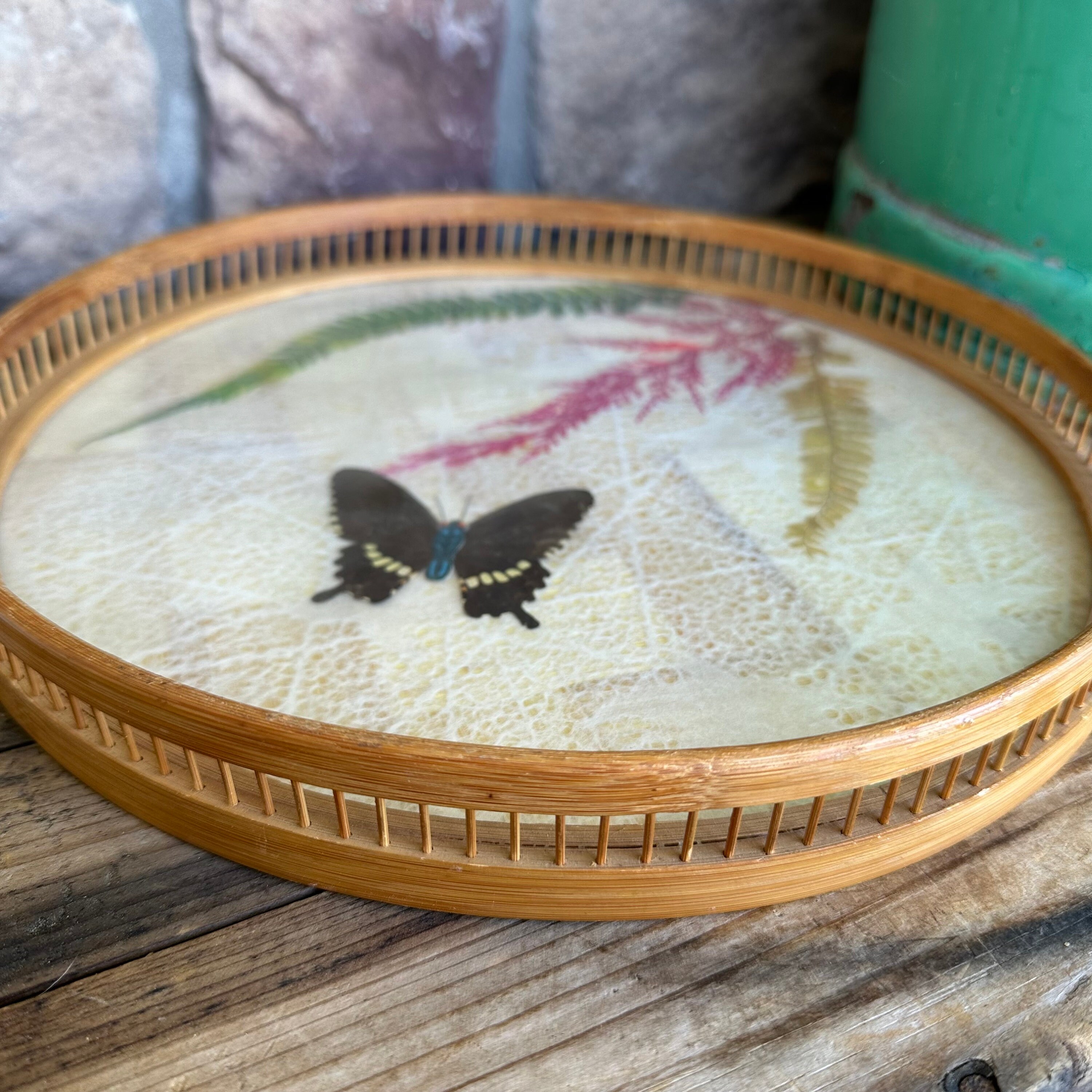 Vintage Bamboo Drink Tray – Retro Pressed Butterfly Botanical  display picture 1