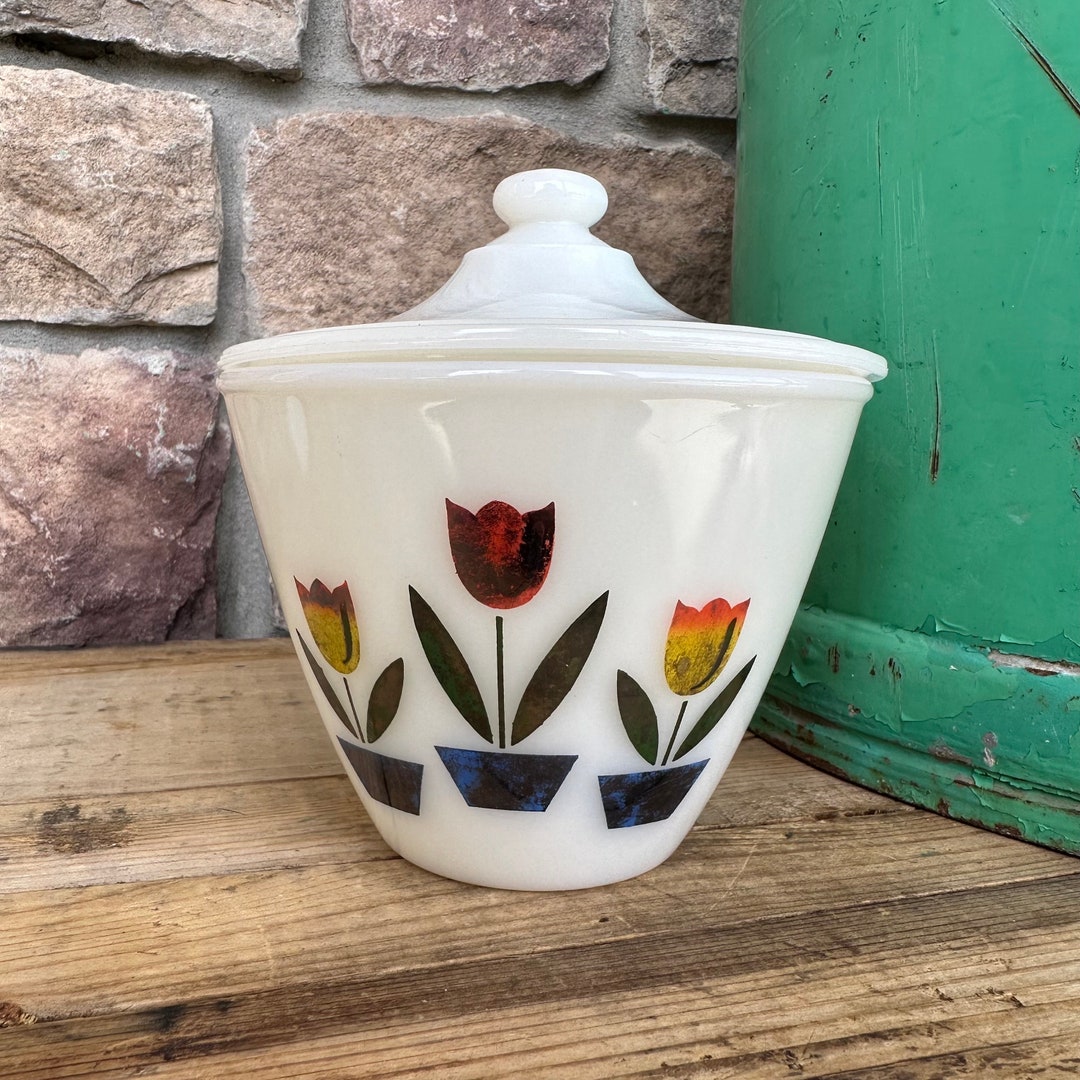 Vintage Fire King Grease Jar With Lid Tulip Pattern Etsy
