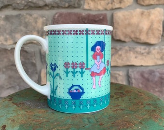 Tazza vintage Department 56 del 1985 Spring Parade Cheryl Johnson Watering Flowers Cross Stitch Pattern