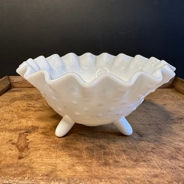 Vintage Hobnail Milk Glass Footed Bowl, Ruffled Edge Candy Dish, Cottage Core Country Chic Decor