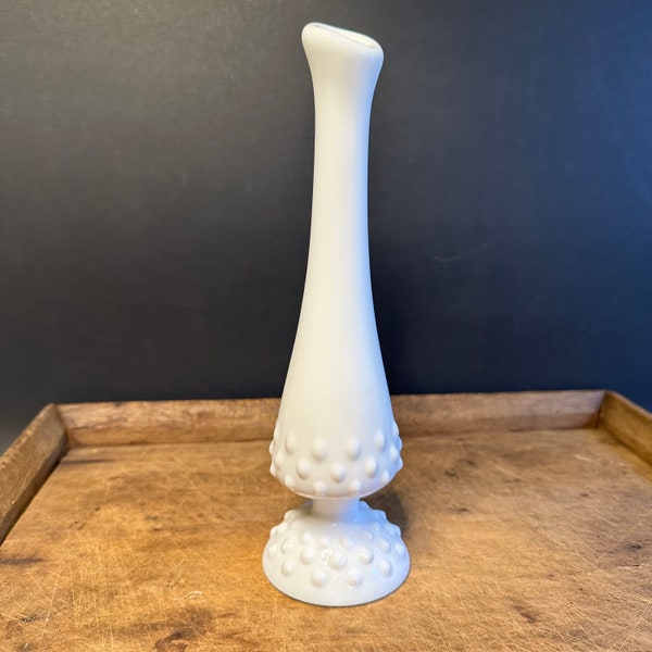 Vintage Hobnail Milk Glass Swung Vase, Mid Century Modern Stretch Vase