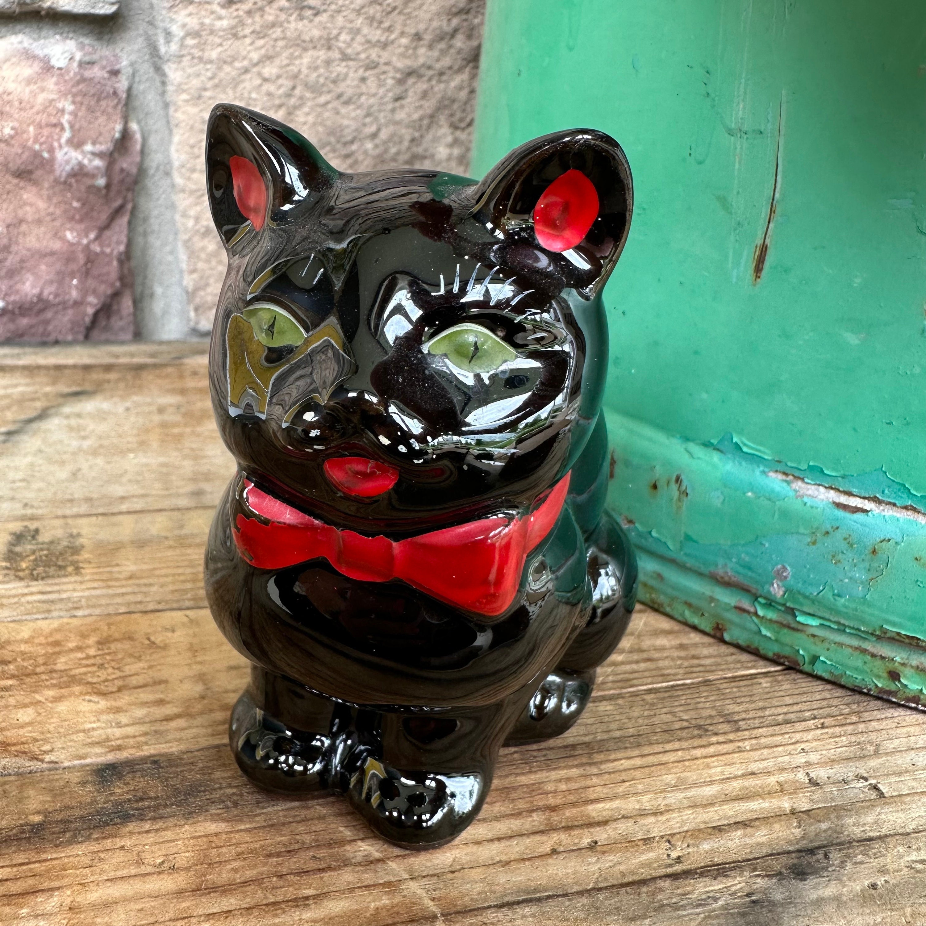 Vintage Shafford Black Cat Planter – Redware, Bow Tie, Made in