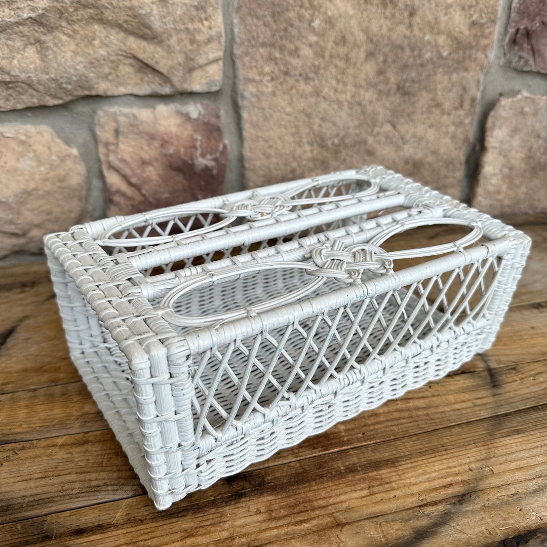 Vintage White Rattan Wicker Tissue Box Holder - Rectangular Tissue Box ...