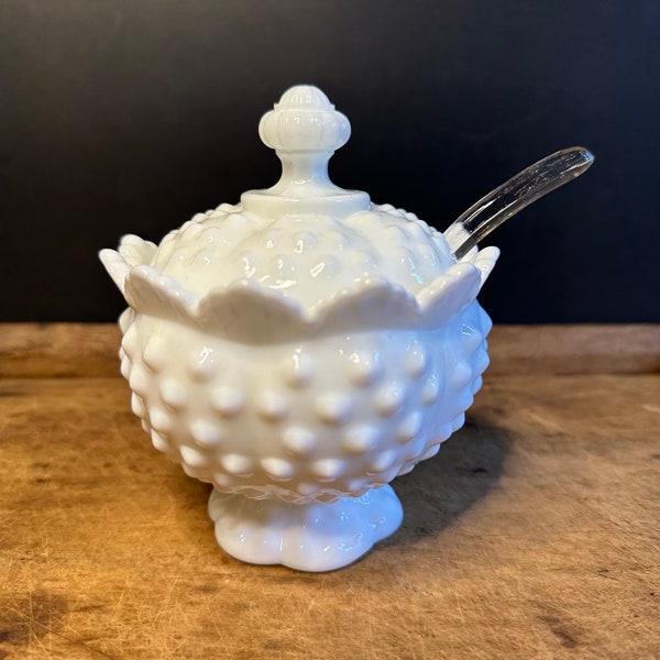 Vintage Fenton Hobnail White Milk Glass Condiment Jar with Small Glass Ladle, Cottage Core Country Chic Decor