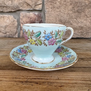 Vintage Foley English Bone China Tea Cup and Saucer - Floral Pattern on Light Blue