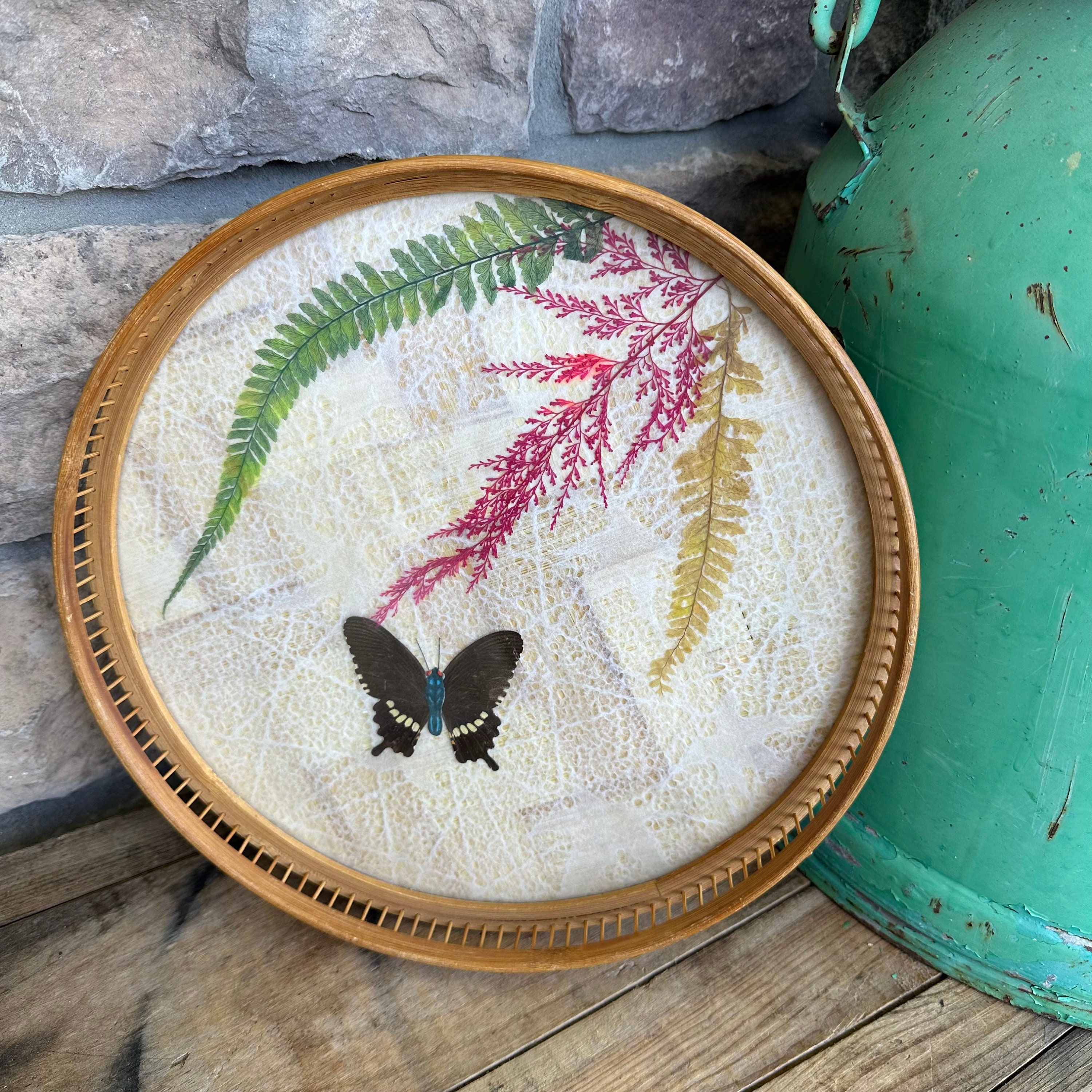 Vintage Bamboo Drink Tray – Retro Pressed Butterfly Botanical  display picture 1