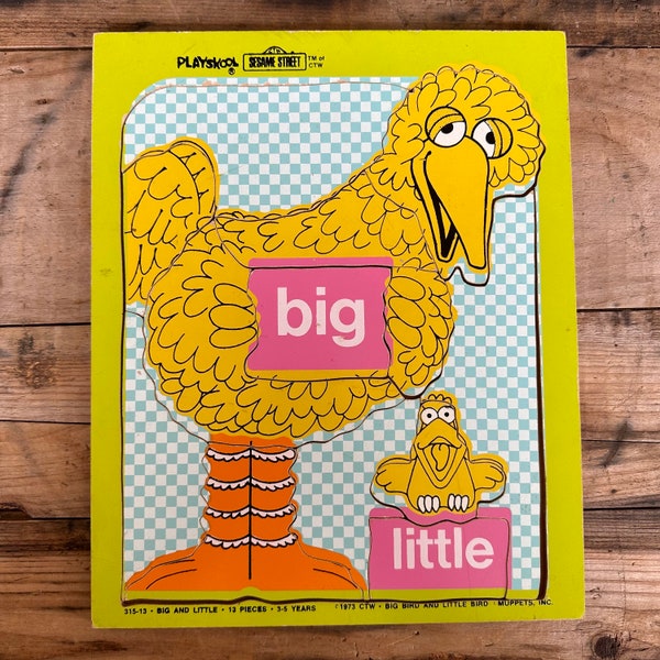 Vintage 1973 Sesamstraat Big Bird Houten Playskool Puzzel, groot en klein