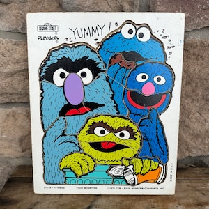 Vintage Sesame Street Wooden Playskool Puzzle, Four Monsters, Grover Oscar the Grouch Cookie Monster , 1976