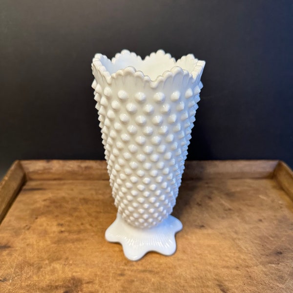 Vintage Fenton Hobnail Milk Glass Sawtooth Vase, Footed Vase, Cottage Core Country Chic Decor