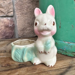 Vintage Bunny Rabbit with Cabbage Planter - Bunny Rabbit Vase Figurine - Spring Easter Decor