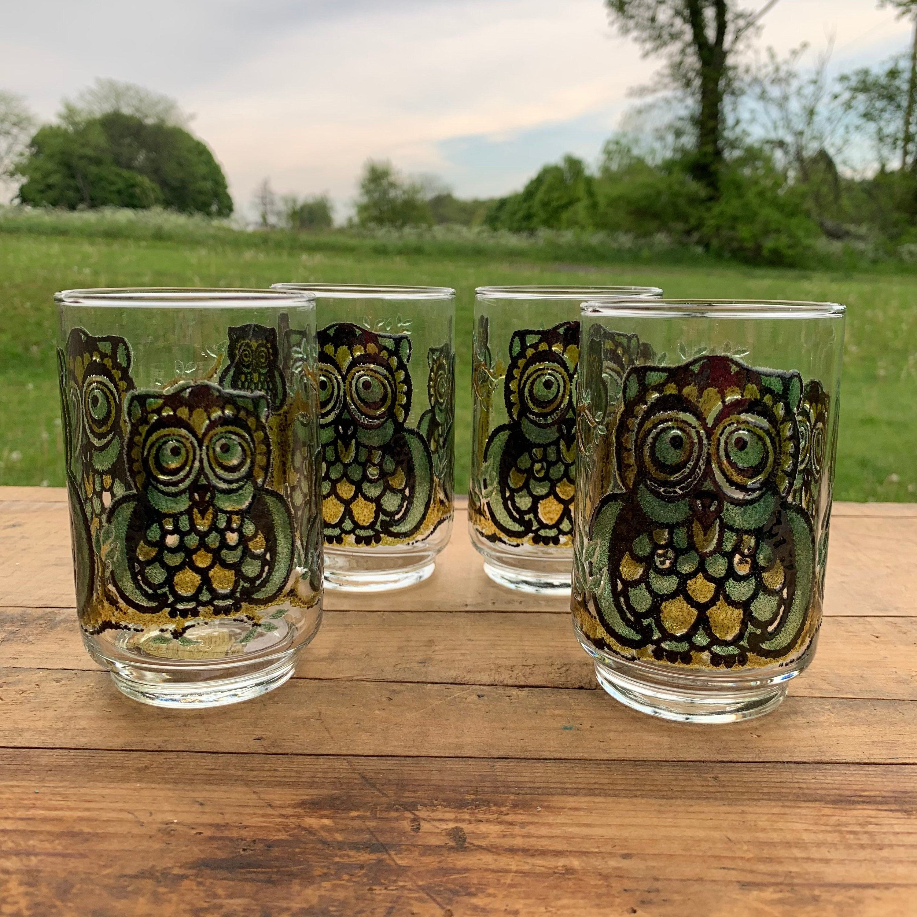 Vintage 70's Libbey Owl Tree Stain Glass Juice Glasses 4.5, Retro Owl  Kitchen Glasses 