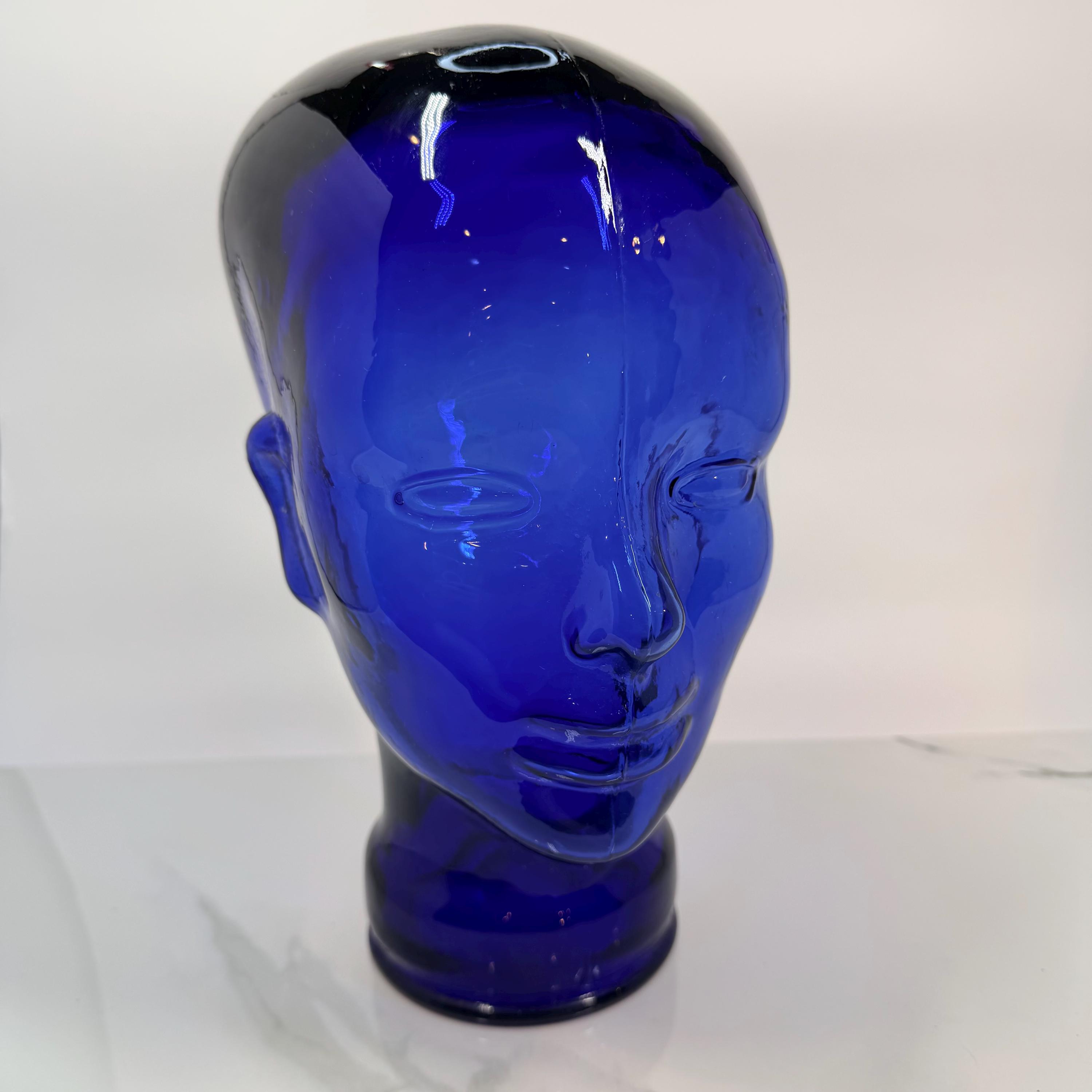 Vintage Cobalt Blue Glass Mannequin Head Bust Mid Century Modern Wig Hat Display