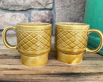 Vintage 1970s Ceramic Stackable Mugs, Golden Mustard Yellow Waffle Textured Pottery Mugs