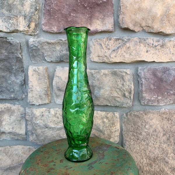 Vintage 1972 Sam Berger Slim Green Glass Bud Vase, Mid Century Vase Home Decor