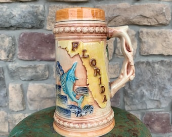 Vintage Florida Ceramic Hand Painted Souvenir Mug Japan Ceramic Beer Stein, Flamingo Alligator Marlin