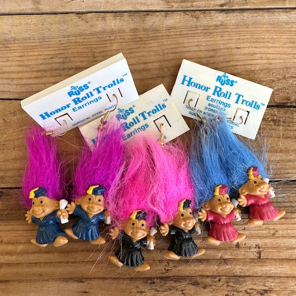 CHOICE: Vintage Russ Honor Roll Troll Earrings - Troll in Cap and Gown - Graduation Earrings - Whimsical Collectible Jewelry