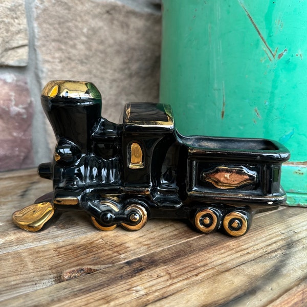 Vintage Locomotive Train Steam Engine Black Gold Trim Ceramic Planter