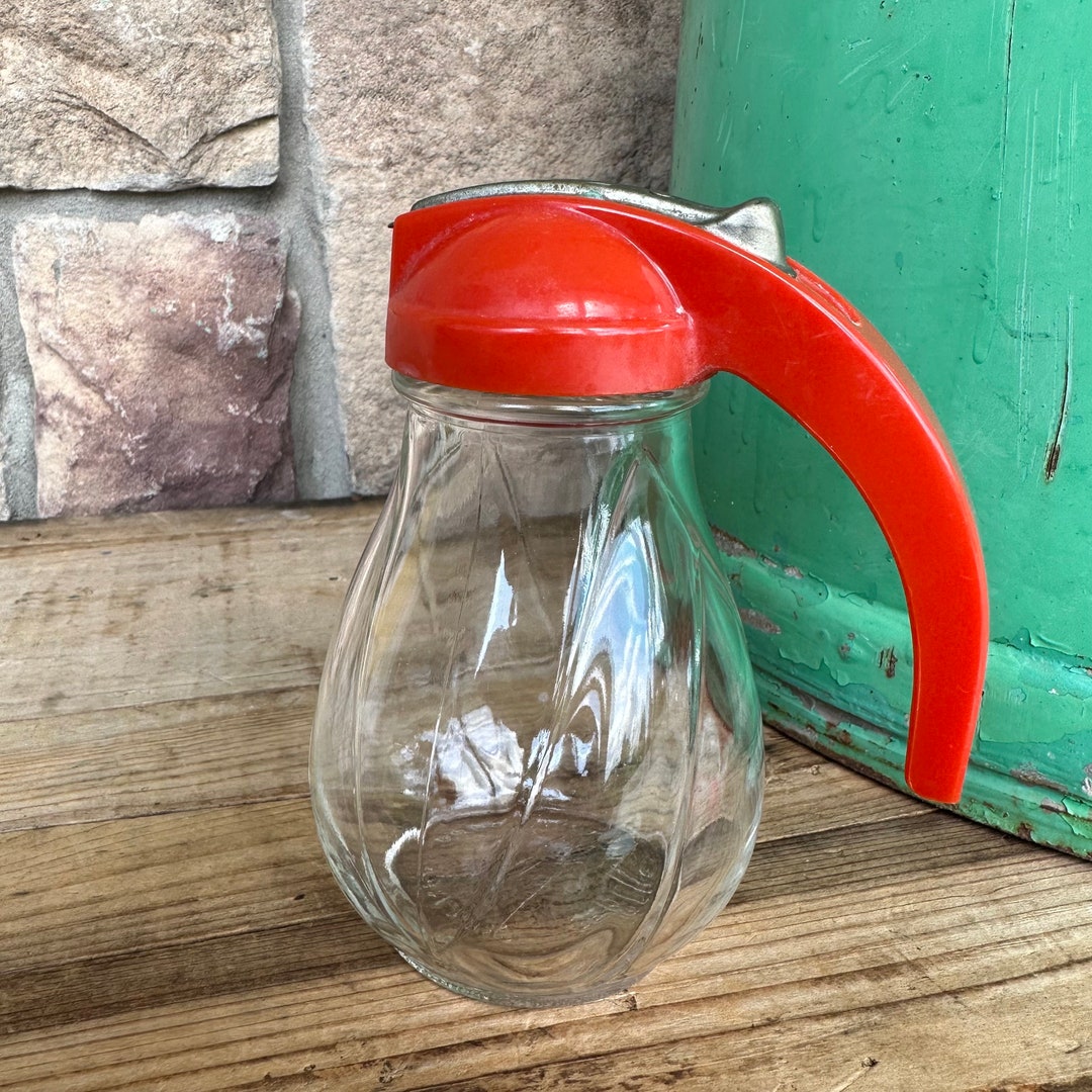 Vintage Clear Swirl Glass Syrup Dispenser With Red Plastic Top Etsy