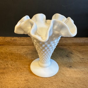 Vintage Fenton Hobnail Milk Glass Ruffled Vase, Minature Vase, Cottage Core Country Chic Decor