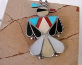 Zuni Eagle Pendant Necklace - Inlaid Eagle Brooch With Sterling Silver Chain