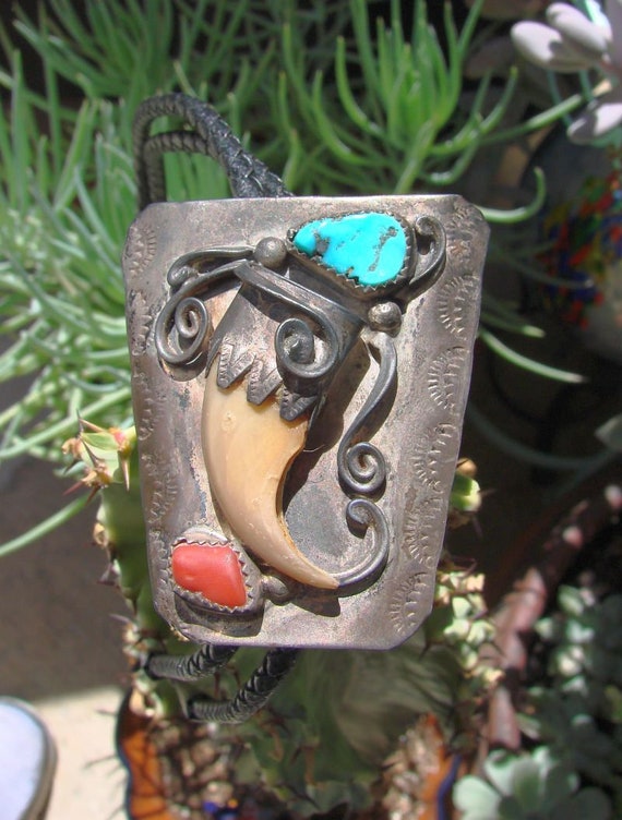 Western Bolo Tie - Black Leather Rope Bolo - Turqu