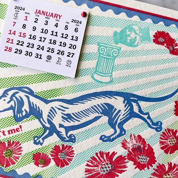 Dachshund Art Calendar for 2024 Handmade Letterpress; A gift for the doxie lover! The canny canine making mischief; a lovable scallywag!