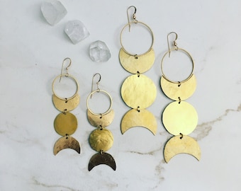 Goddess Earrings Hand Forged Brass Moon and Planet Wiccan Triple Goddess Symbol