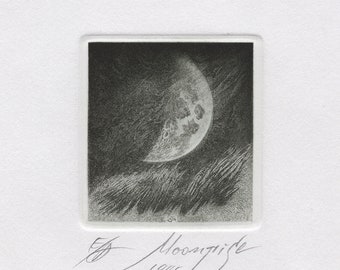 Moon Small Etching Art Print "Moonrise", by Marin Gruev