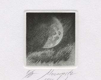 Moon Small Etching Art Print &quot;Moonrise&quot;, by Marin Gruev