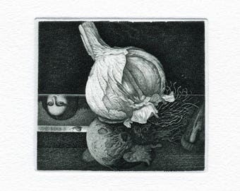 Small Garlic Plant Print, Etching Mini Print on zinc plate by Marin Gruev